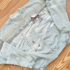 Vintage Women's Hand Painted Winter Sweatshirt Cardigan Button Up Made in USA L